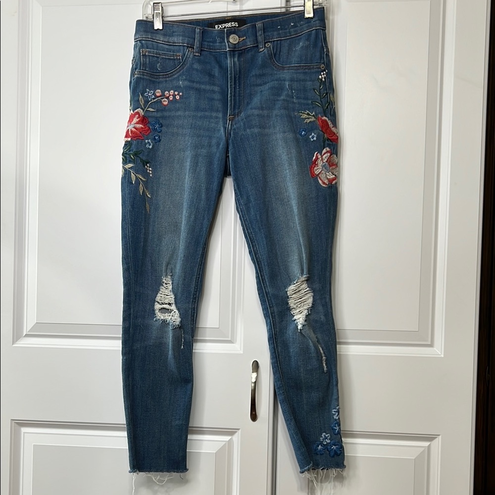 Express Blue Skinny Jeans with Distressed Details